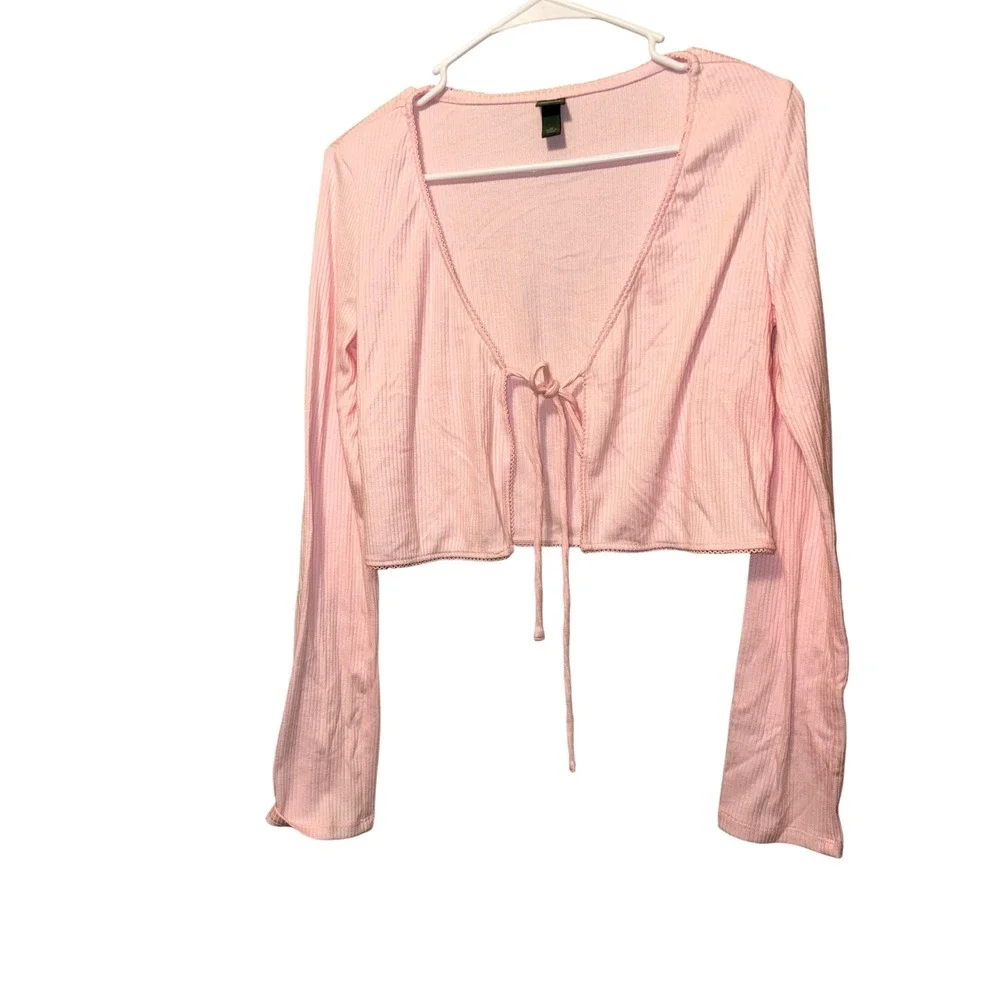 Wild Fable‎ Light Pink Ribbed Tie-Front Cropped Cardigan Long Sleeve Top Medium